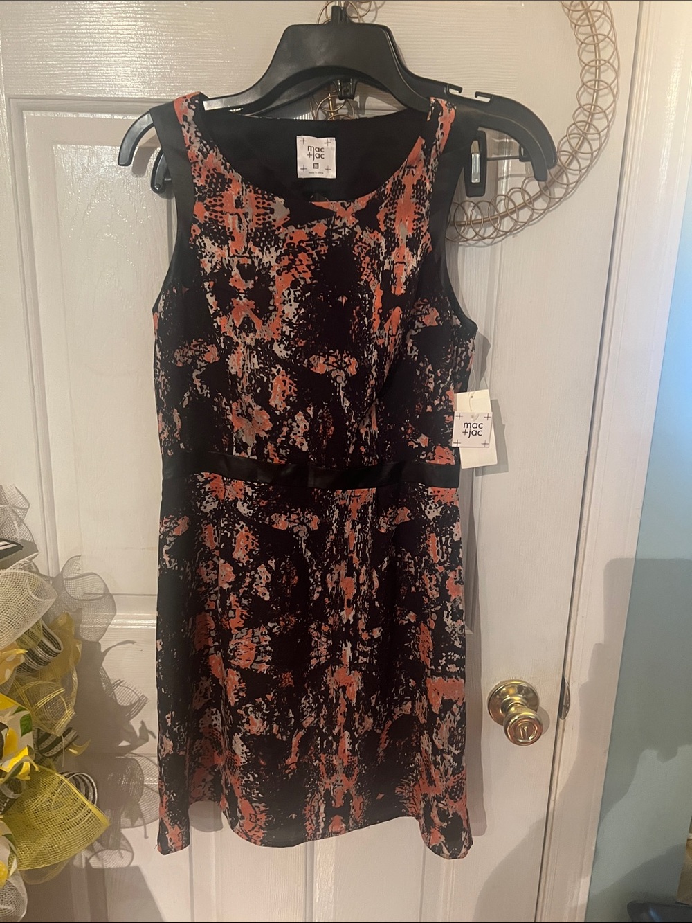 mac & jac Black and Coral Abstract Sleeveless Dress, medium.